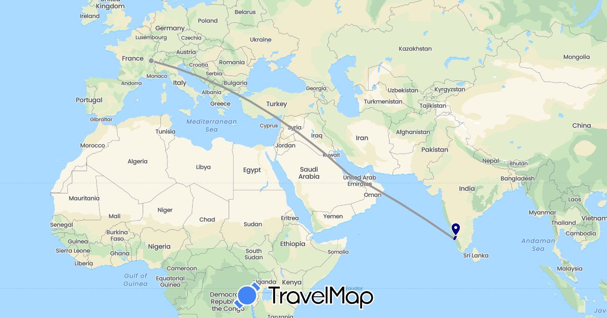 TravelMap itinerary: driving, plane in Switzerland, India, Qatar (Asia, Europe)