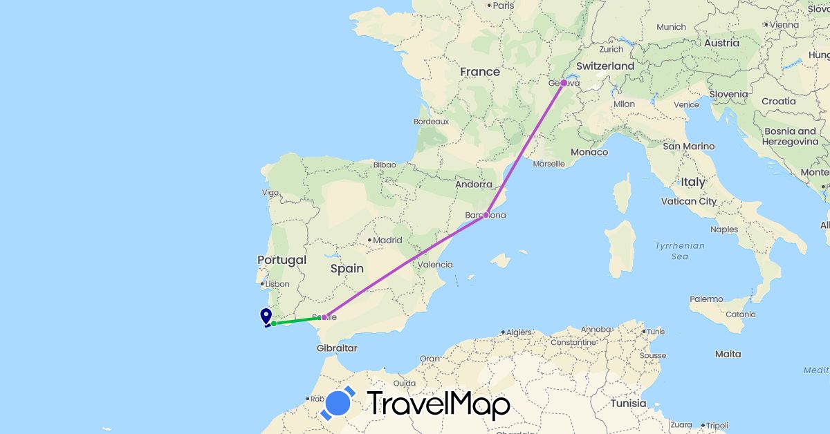 TravelMap itinerary: driving, bus, train in Switzerland, Spain, Portugal (Europe)
